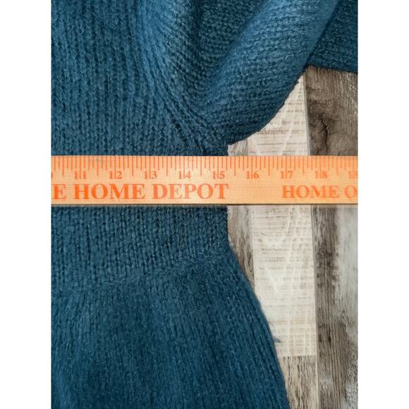 Free People Teal Ruffle Crochet Cardigan Wool Blend Sweater Medium Peplum Button - Picture 6 of 8